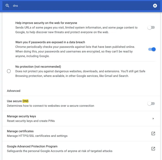 Search DNS in Chrome Settings